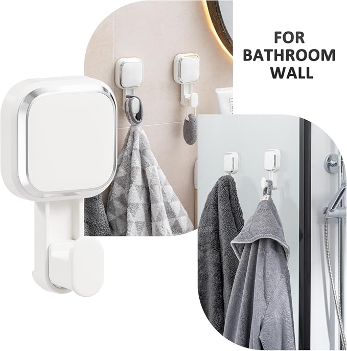 LEVERLOC Suction Cup Hooks for Inside Shower 4 Pack, Versatile Powerful Vacuum Suction Shower Holders for Towel, Loofah, Clothes, Damage Free Wall Hanging Bathroom Hooks, Easy to Install, White