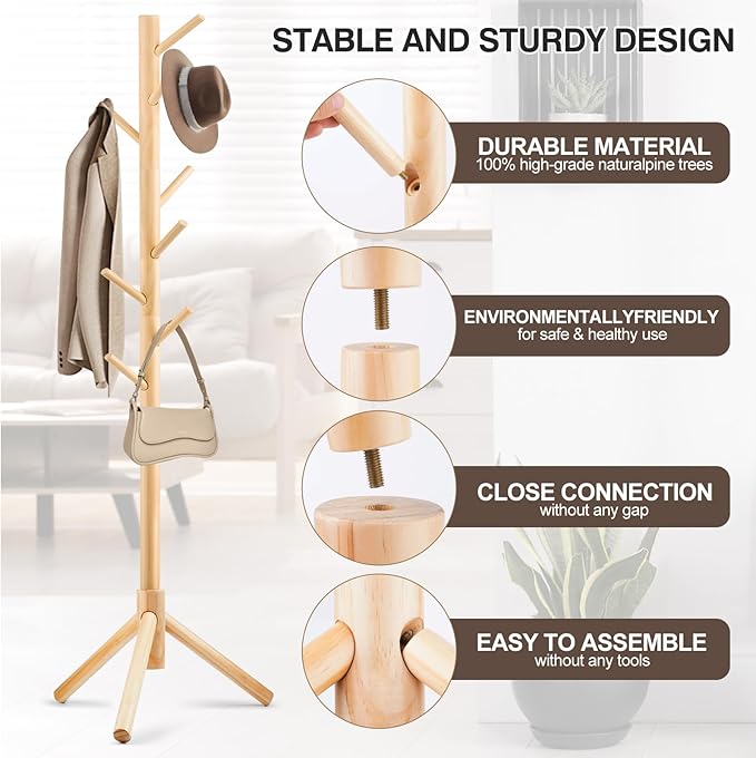 WANGMUXIA Coat Rack, Freestanding Coat Rack with 8 Hooks and 3 Adjustable Size Tree Coat Racks for Bedroom, Hallway, Entrance, Office, for Hats, Coats, Scarves, Handbags