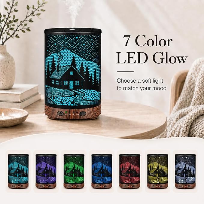Essential Oil Diffuser, 120 ml Aromatherapy Diffuser with 7 Color Lights, Auto Shut-Off and 4 Timer Settings, Ultrasonic Cool Mist Diffuser for Home Room Office (Winter Cabin)