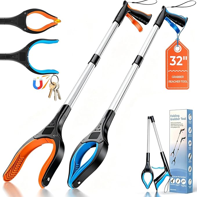 32" Grabber Reacher Tools, 2 Pack Upgraded Strong Foldable Reacher Grabber Heavy Duty Pickup Tool, 4" Wide Claw Opening & 360° Rotating Jaw & Magnet Lightweight Grabber Tool for Senior Patient
