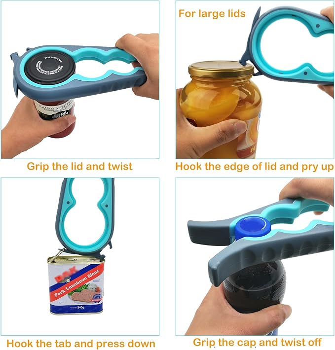 Otstar Jar Opener for Weak Hands，5 in 1 Bottle Opener for Seniors with Arthritis - Multifunctional Lid Remover Set, Includes Non-slip Rubber Jar Gripper Pad, Wine Opener (Blue and Grey)