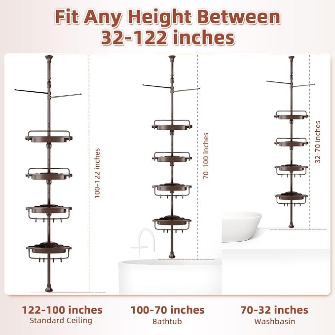 XLHOMO 32-122inch Corner Shower Caddy Tension Pole Brown, Rustproof Drill-Free Shower Shelves for Bathroom Bathtub Washbasin, Adjustable Shower Organizer with 4 Tier Patent Stable Shelves & Towel Bars