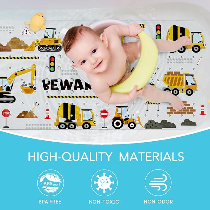 SHUCHING Baby Bath Mat for Tub Non Slip-40 X 16 Inch, Kids Bathtub Mat Mold Free, Long Shower Mat Anti Slip for Bathroom, Machine Washable, Vehicle