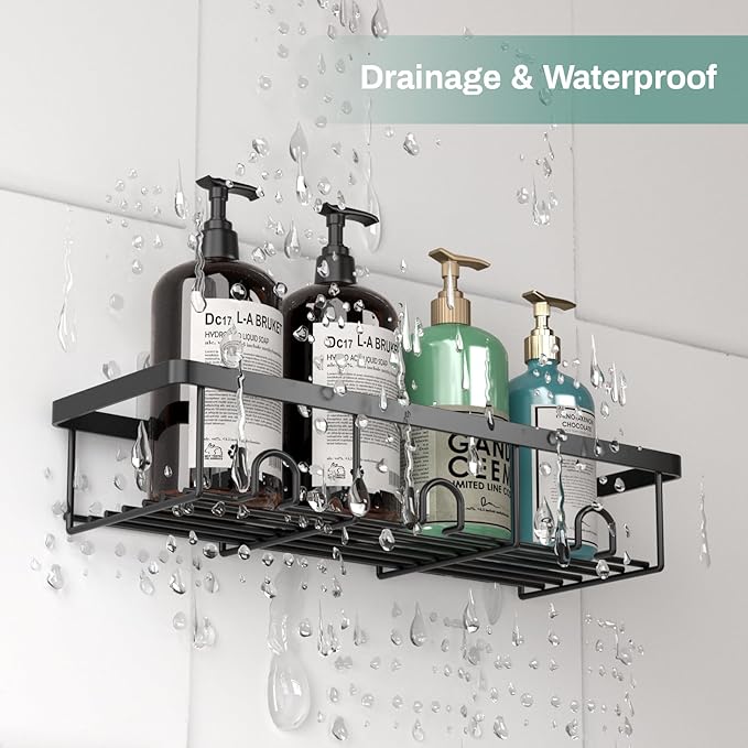 Shower Shelves for Inside Shower, 2 Pack Adhesive Bathroom Caddy Organizer Basket Rack for Storage and Organization, Wall Suction Bath Bathtub Shampoo Holder Set for RV Camper, Black