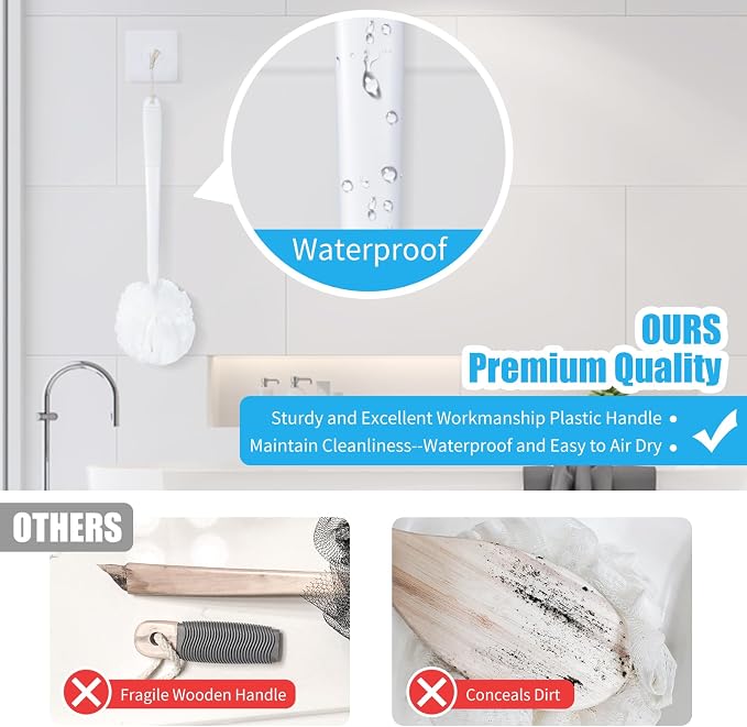 VANZAVANZU Loofah Sponge Set Back Scrubber for Shower, Anti-Slip Plastic 17" Handle Loofah on a Stick with Fluffy Shower Sponge, PE Soft Mesh Shower Loofahs-White