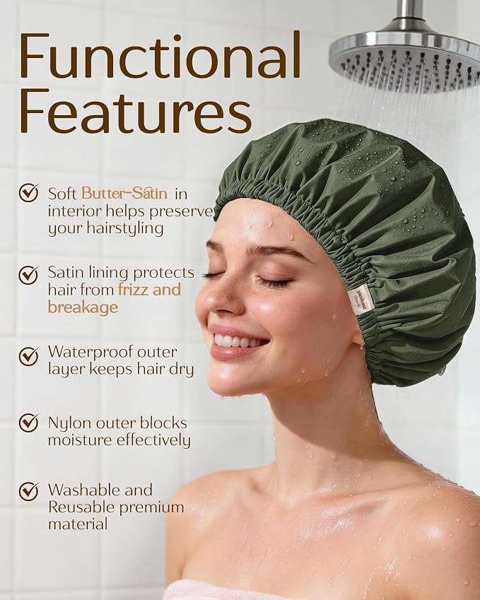 Yanibest Satin Lined Shower Cap for Women Reusable Waterproof, Frizz Free & Large Bath Cap with Soft Elastic Band, Luxury Hair Protection Caps (Green)