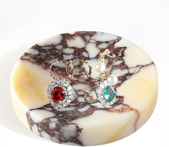 Koville Marble Jewelry Dish, Small Round Trinket Dish for Ring Necklace Earring, 4" Decorative Dish, Natural Stone Soap Dish for Bathroom Kitchen