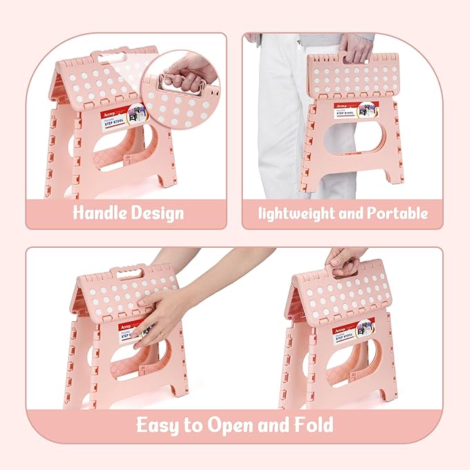 ACSTEP Folding Step Stool 11 Inch, Sturdy Plastic Foldable Step Stool for Kids & Adults, Non Slip Lightweight Collapsible Foot Stools Holds 300 lbs, Ideal for Kitchen, Bathroom, Bedroom, Light Pink