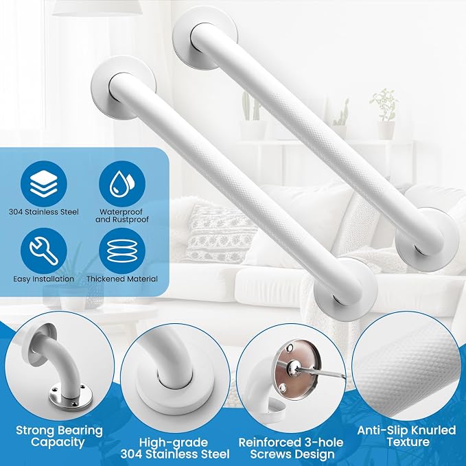 Grab Bars for Shower, Zynuhmo 2 Pack 12 Inch Anti Slip Stainless Steel Bathroom Safety Shower Grab Bar Handrails for Handicap Injury Pregnant Senior Assist Shower Handles(Matte White, 1" Diameter)
