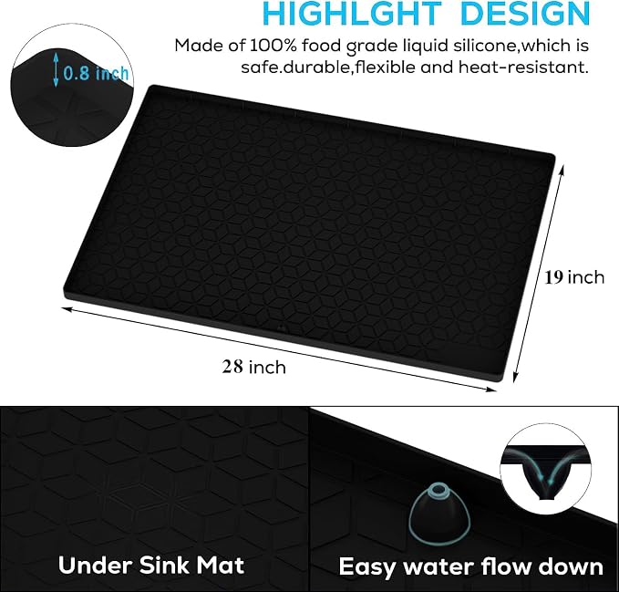 Under Sink Mat for Kitchen Silicone Waterproof Under Sink Liner, Flexible Sink Cabinet Organizer Tray with Drain Hole, Hold up to 3.3 Gallons Liquid, Easy to Clean (Black, 28X19)
