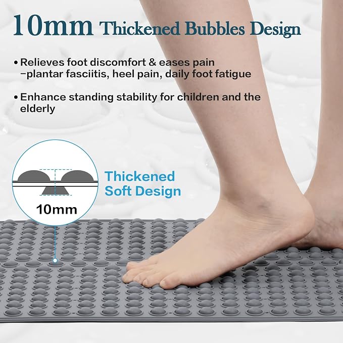 Extra Large Shower Mat 33x17.3 - Non Slip Silicone Bath Mat for Walk in Shower or Garden Tub, Oversized Bubble Pop It Bathroom Floor Mat for Seniors, Heavy Duty Quick Dry, Dark Grey