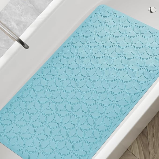 Bathtub Mat Non Slip with Suction Cups - 100% Rubber Bathroom Mat Textured for Bath Tub Shower Safety - Soft on Touch - BPA/PVC Free - Pet Dog Bath Mat - Machine Washable - 16 × 28 Inch（Blue）