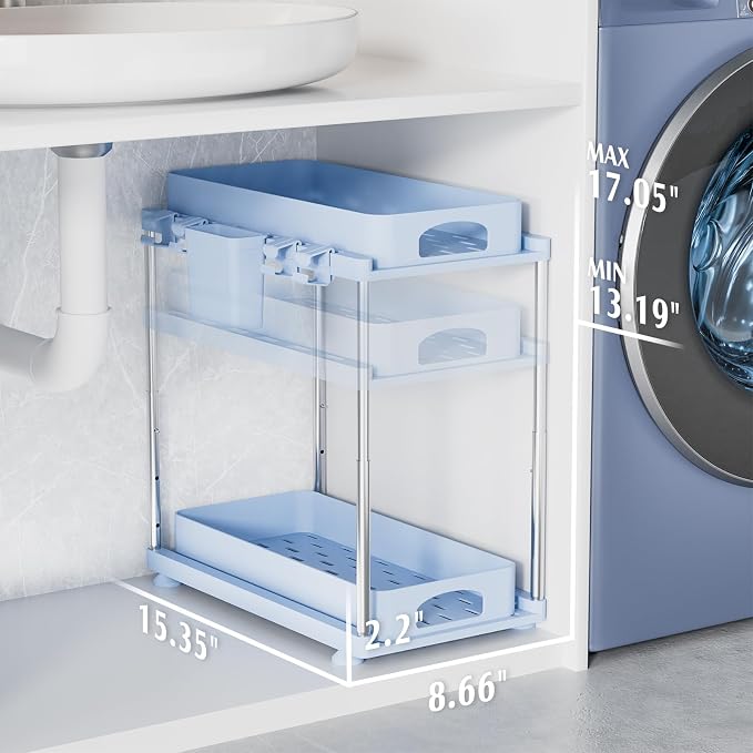 VERIFOST Under Sink Organizer (2 Pack), 2 Tier Under Sink Organizer, Adjustable Height Cabinet Organizer and Storage, in Blue
