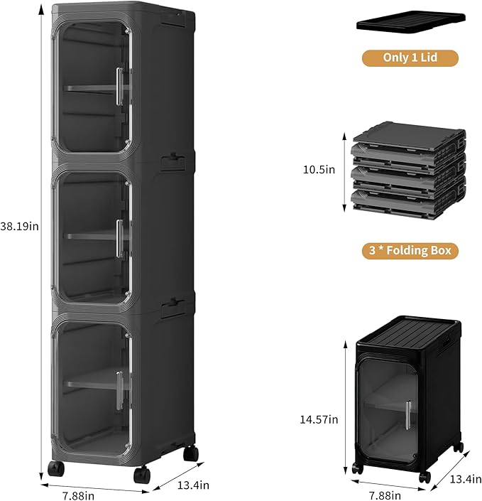 3-Tier Tall Narrow Storage Cabinet, Slim Bathroom Storage Cabinet with Adjustable Shelves and Wheels, Narrow Organizer for Small Space, Bathroom, Kitchen, Laundry, Black