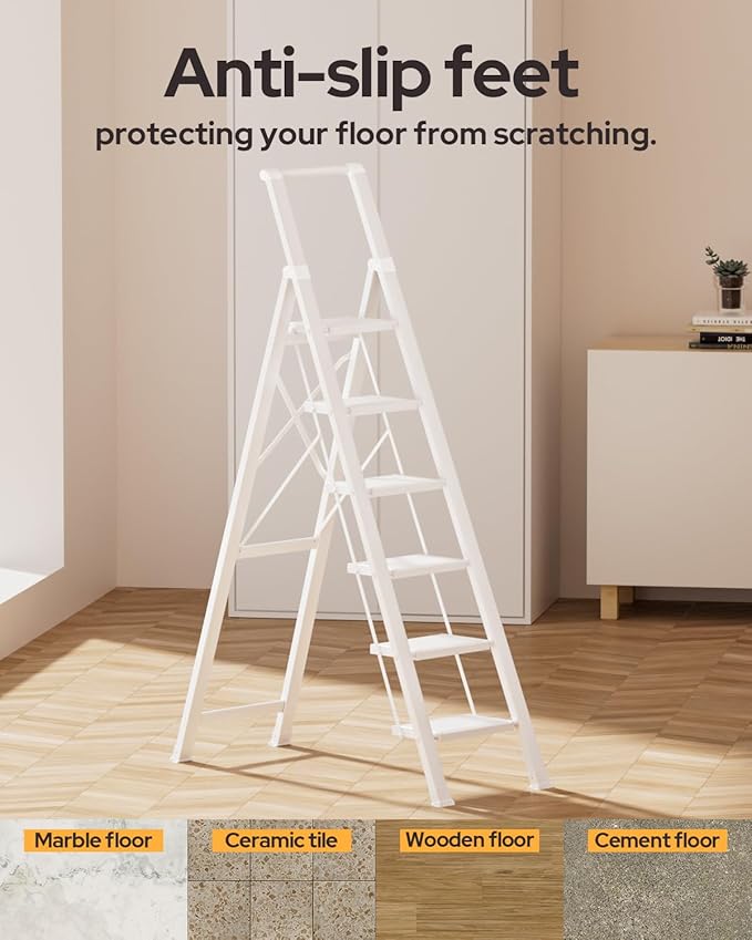 6 Step Ladder for 12 Feet High Ceiling, Lightweight Aluminum Folding Step Stool with Convenient Handgrip, Stepladders with Anti-Slip and Wide Pedal for Home Use Space Saving - White