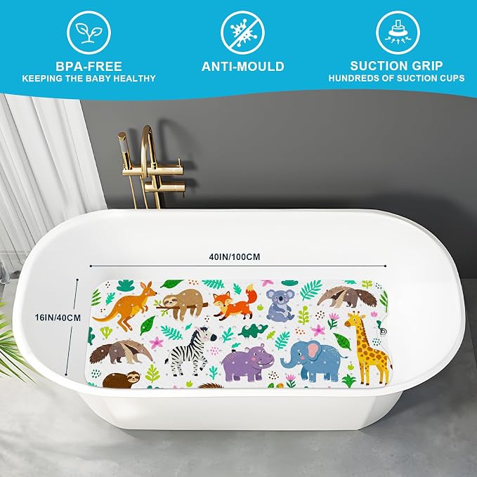XIYUNTE Baby Bath Mat for Tub Non Slip Kids, BPA Free Extra Long Bathtub Mat 40x16 with Drain Holes and 200 Suction Cups, Non Toxic Machine Washable Toddler Bath Mat, Eco-Friendly Certified