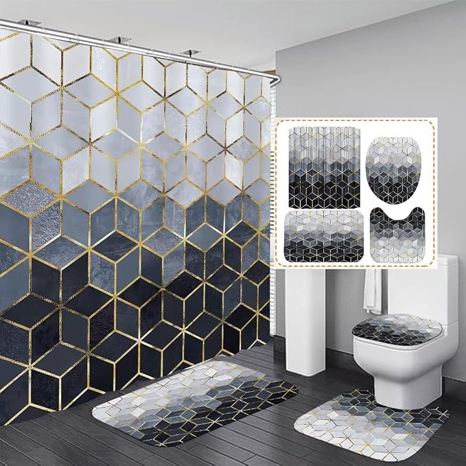 LQCOOL 4Pcs Blue Gradient Shower Curtain Set Modern Geometric Shower Curtain Set Golden Cubic Lines Bathroom Set (Blue)…