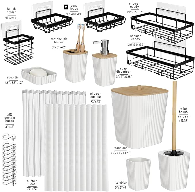 Clara Clark Bathroom Accessories Set - Bathroom Set with Adhesive Corner Shower Caddy Hanging, 25PC Bathroom Accessory Set, White Shower Curtain Set, Toilet Brush, Trash Can & Soap Dispenser