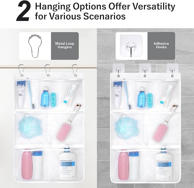 F-color Cruise Essentials 2026 - Mesh Shower Organizer Hanging with 7 Pockets for RV Gym Camping, Quick-Dry Portable Toiletry Bag with Metal Hooks for Bathroom Travel Toiletries, White