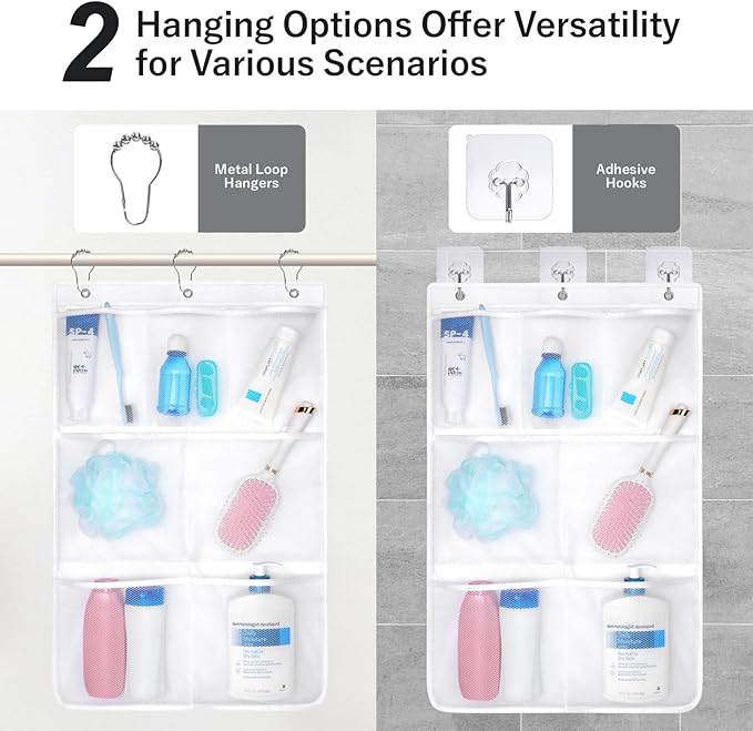F-color Cruise Essentials 2026 - Mesh Shower Organizer Hanging with 7 Pockets for RV Gym Camping, Quick-Dry Portable Toiletry Bag with Metal Hooks for Bathroom Travel Toiletries, Black+White