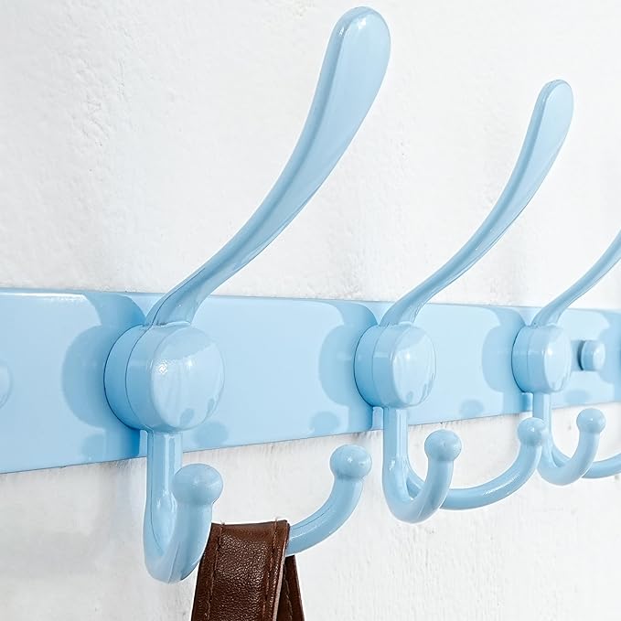Dseap Coat Rack Wall Mounted - 5 Tri Hooks, Heavy Duty, Stainless Steel, Metal Coat Hook Rail for Coat Hat Towel Purse Robes Mudroom Bathroom Entryway (Blue, Pack of 2)