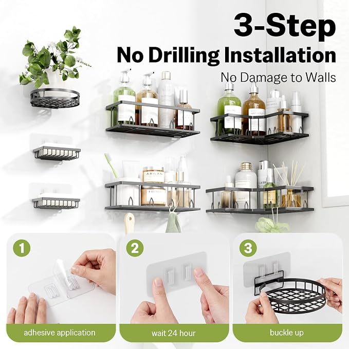 Shower Shelf Corner, 7-Pack Adhesive Shower Caddy, Metal Shower Caddy with Soap Holder, Black Shower Shelves No Drilling Bathroom Caddy for Shower, Home Decor Rv Accessories, Apartment
