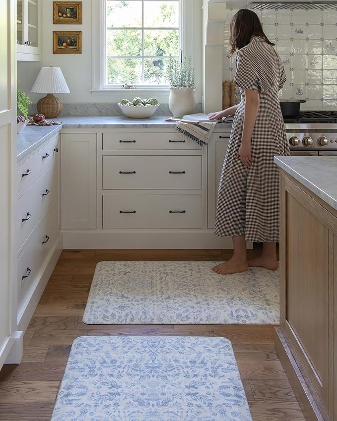 House of Noa Nama Standing Mat – Anti-Fatigue Cushioned Kitchen Mats for Floor | Ergonomic Bounce-Back Foam Kitchen Mats | Anti-Fatigue Mats for Kitchen & Standing | Emile Porcelain Blue | 22" x 72"