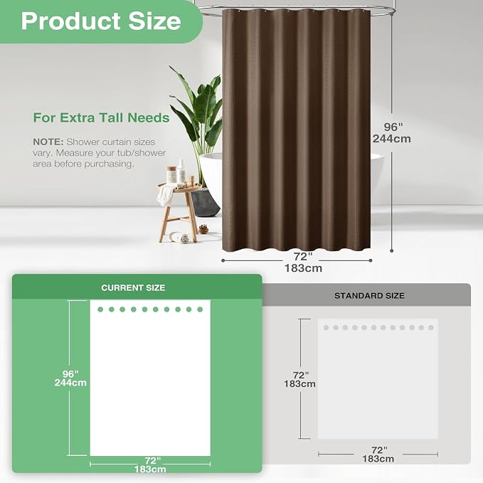 Dynamene Extra Long Shower Curtain - 96 Inch Long Waffle Weave Weighted Thick Cloth Bathroom Shower Curtain, Neutral Heavy Duty Hotel Bath Curtain Set with 12 Plastic Hooks,72x96, Brown