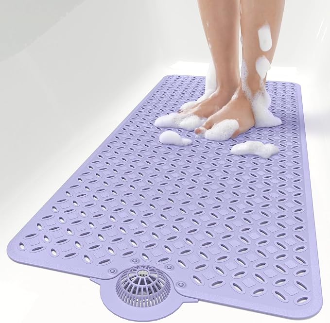 OTHWAY Bath Mat for Tub Non Slip: 39" X 17" Long Bathtub Mat with Hair Catcher│Big Drain Holes Shower Mats for Inside Shower│Machine Washable (Lavender)