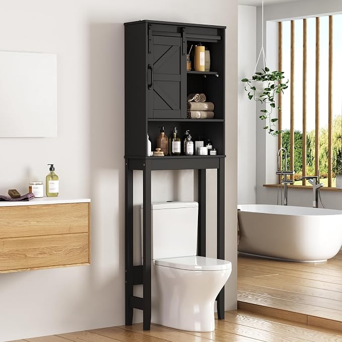 Over The Toilet Storage Cabinet, Bathroom Organizer with Anti-Tip Kit, Adjustable Shelves, Elegant Matte Black Finish Suits Modern Bathrooms.