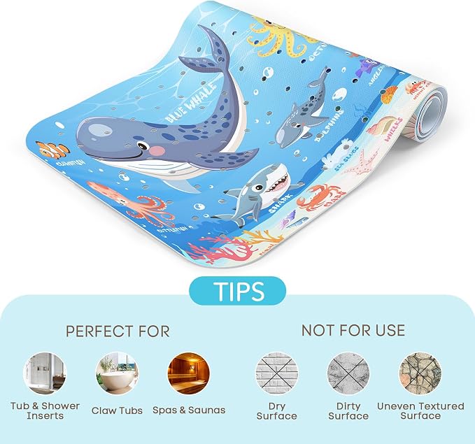 SHUCHING Ocean Animals Bath Mat for Tub Non Slip-40 X 16 Inch, Bathtub Mat Non Slip for Baby Kids, Toddler Long Shower Mat for Bathroom