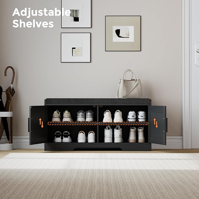 Homleke 2-Tier Storage Bench, Shoe Bench with Thickened Padded Seat Cushion, Entryway Bench with 2 Doors, Adjustable Shelf, 13.8" D x 37.4" W x 18.5" H, for Entryway, Living Room, Bedroom, Black