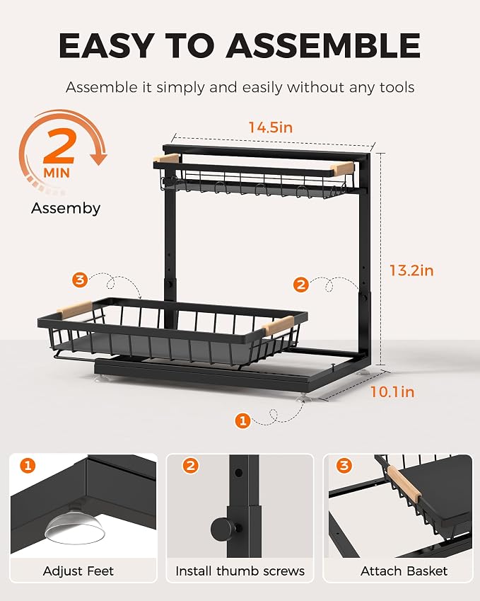 Sevenblue 2 Packs Under Sink Organizer, Height Adjustable 2 Tier Under Kitchen Sink Organizer, Multi-Purpose Storage Shelf for Kitchen Bathroom Cabinet (Black, Large)