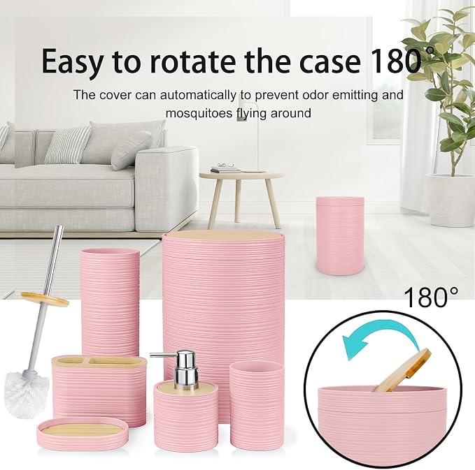 CERBIOR Bathroom Accessories Set 6 Piece Bamboo Bath Ensemble Includes Soap Dispenser, Toothbrush Holder, Toothbrush Cup, Soap Dish for Decorative Countertop and Housewarming Gift, Sriral Pink
