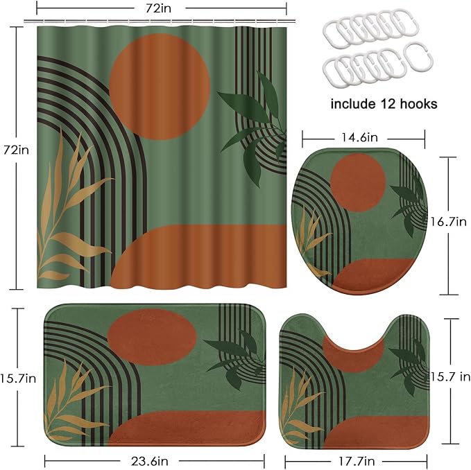 Boho Mid Century Shower Curtain Set with Toilet Lid Cover and Non-Slip Rugs, Green Background 4 Pcs Modern Minimalist Shower Curtain for Bathroom Set with 12 Hooks