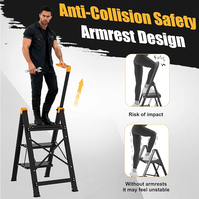3 Step Ladder with Single-Handrail, Aluminum Step Stool Foldable, Lightweight Sturdy Step Ladder with Anti-Slip Pedals,Convenient Handrail for Home Kitchen Closet, 600lbs Max Load Capacity (Yellow)