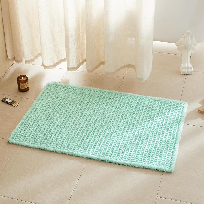 TYUU Waffle Bath Mat, Boho Bathroom Rugs Non Slip Washable Super Absorbent Quick Dry Cute Bath Mat Farmhouse Bathroom Decor, 36"x24" Aqua Blue