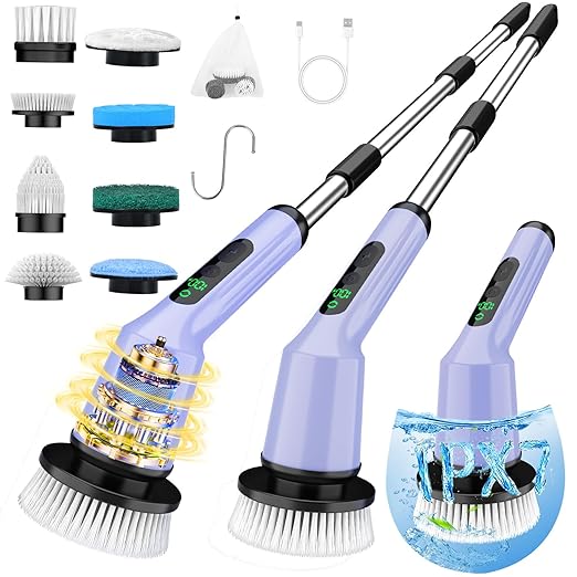 Shower Scrubber with Long Handle, Shower Cleaner Brush with 8 Floor Machine Pads, Cordless Electric Spin Scrubber for Cleaning with 2 Speed, Cleaning Supplies for Bathroom Bathtub Kitchen Floor Toilet