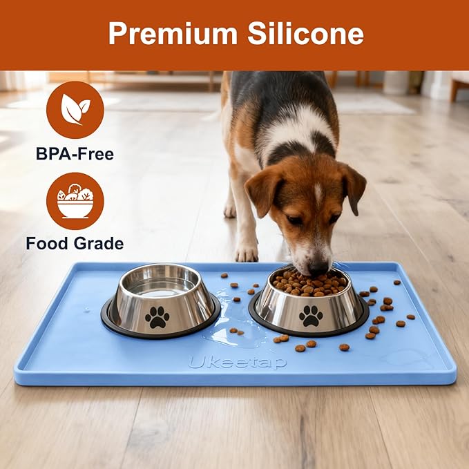ukeetap Extra Thick Silicone Mat Waterproof with Raised Edge 19” x 12”, BPA Free Non-Slip Dog & Cat Food Mat, Feeding Mat for Food and Water Bowls, Spill Proof Mat to Protect Floors, Blue