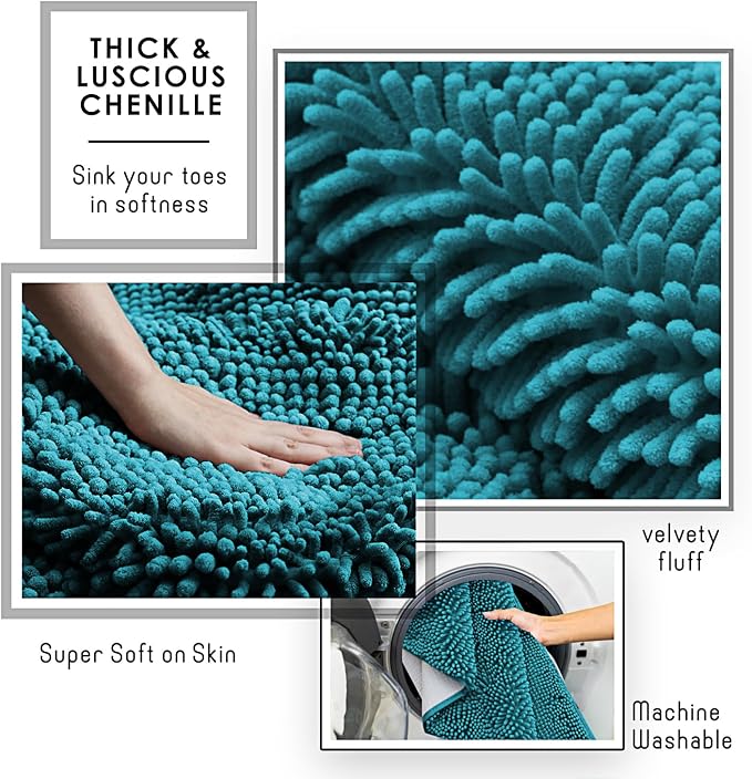 Hearth & Harbor Bathroom Rugs, Chenille Bath Mat - Machine Washable Bath Mats for Bathroom Non-Slip Backing Rubber, Quick Dry Bathroom Mat