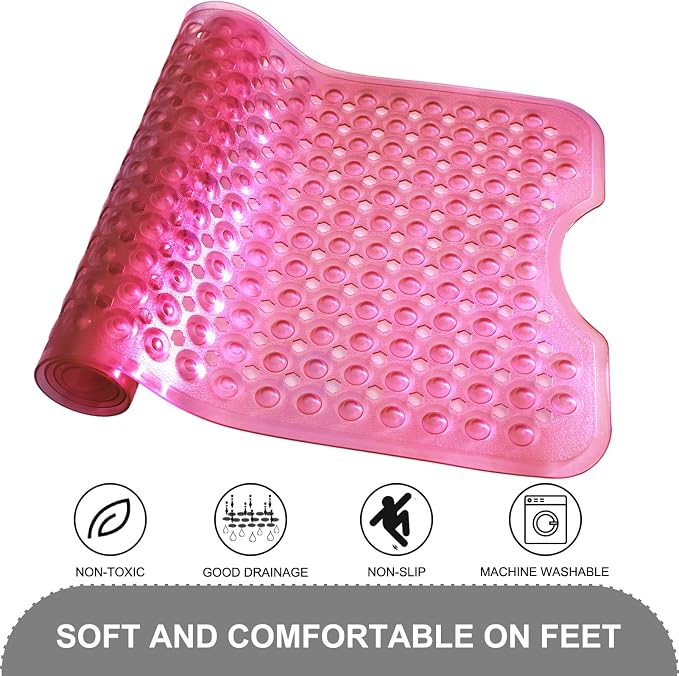 TEESHLY Bath Tub Shower Mat, Non Slip Bathtub Floor Liner Mats with Suction Cups and Drain Holes, Machine Washable Bathmat for Bathroom Floor Safety, 40 x 16 Inch, Clear Burgundy
