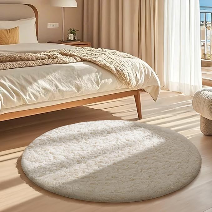 Ophanie Round Rugs 3Ft Ivory Circle Area Rug,Christmas Room Decor, Aesthetic Nursery Bedroom Carpet, Fluffy Fuzzy Plush Soft Shaggy Cream Living Room Rugs for Kids Boys Girls Teen Baby Home, Dorm