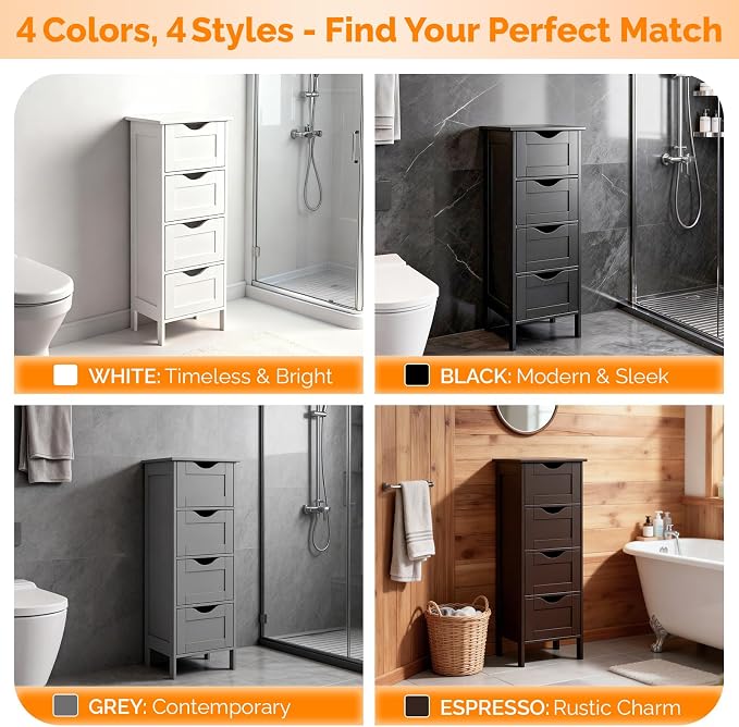 Bonnlo Skinny Bathroom Floor Storage Cabinet,White 12 Inch Wide Deep Small Storage Organizer with 4 Drawers, Brown Wooden Modern Thin Free Standing Tower Cabinet for Bathroom, Living Room