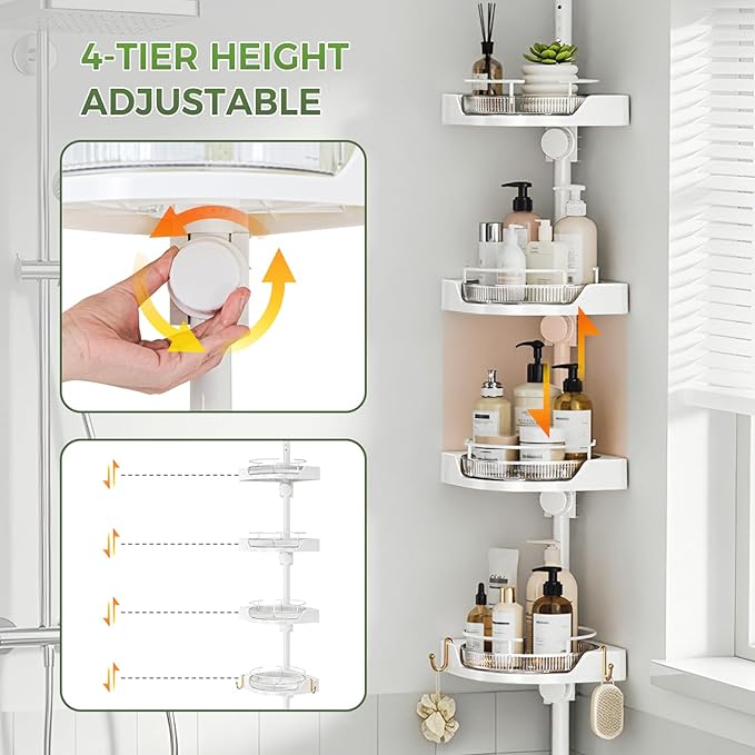 akinbas 360° Rotating Shower Caddy Tension Pole with 4-Tier Rustproof Lazy Susan 35-128 Inch No Drilling Coner Shelves Adjustable Shower Rack for Bathroom Bathtub Washbasin Plant Storage (White)