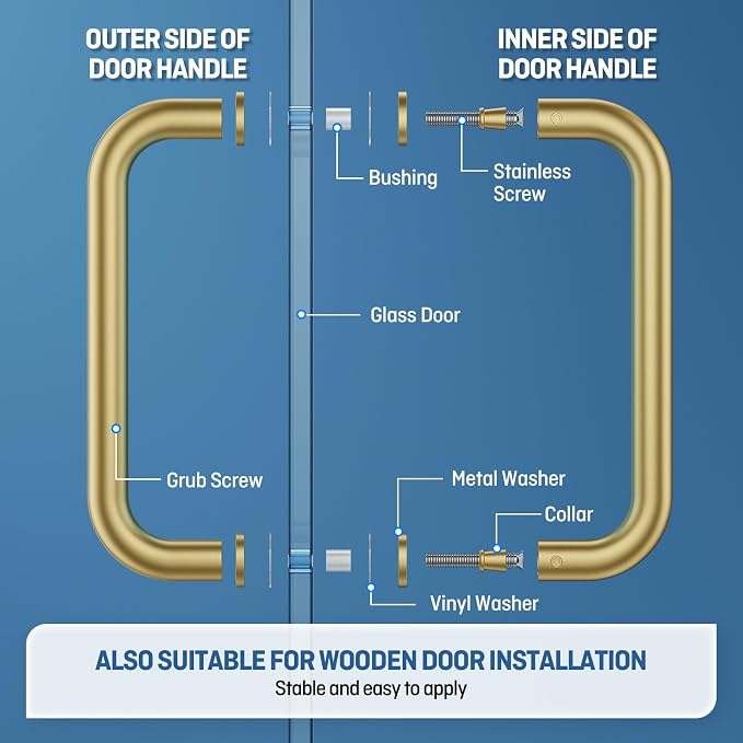 Ranbo Gold Plated 8" CTC Tubular Back-to-Back Shower Door Handle,Heavy-Duty 1.0mm Thick 304 Stainless Steel,for 1/4"- 1/2" Thick Glass and 1-3/8" - 2-1/6" Thick Wooden or Metal Doors，Brass Gold 8" CTC