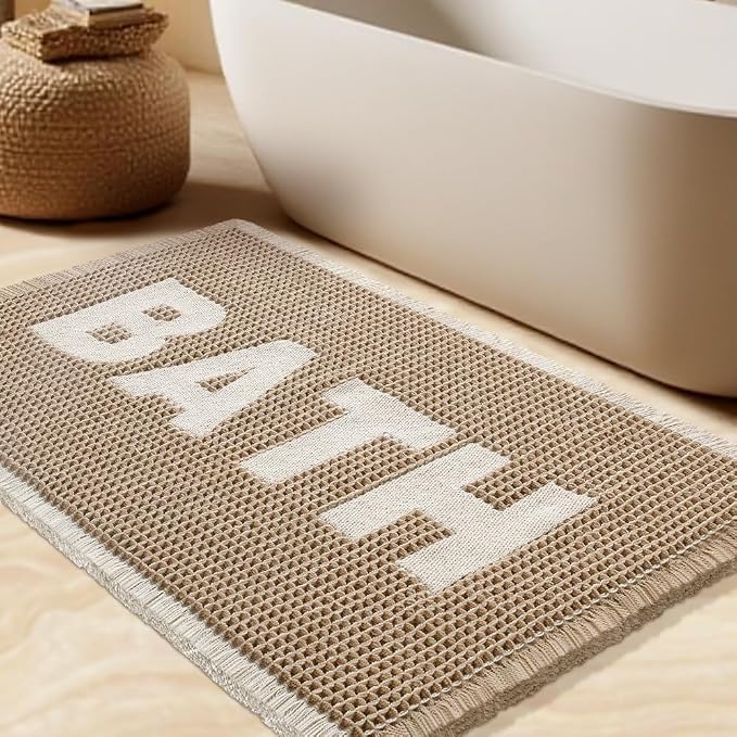 Waffle Bath Mat, Boho Woven Modern Bath Rug Absorbent Non Slip, Ultra Soft Bathroom Mats, Machine Washable Knit Bath Rugs with Bath Letter for Bathroom, Bedroom, Kitchen, Tub, 36"x24", Beige & White