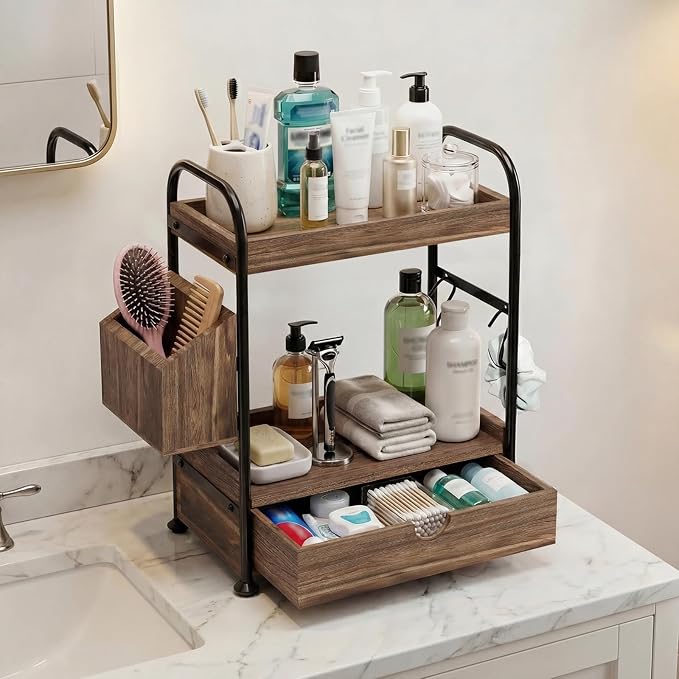 Kottwca 2-Tier Bathroom Counter Organizer with Drawer, Wooden Vanity Skincare Storage Shelf with Thickened Metal Frame, Countertop Shelf with Basket & Hooks for Makeup Organization,Dark Brown