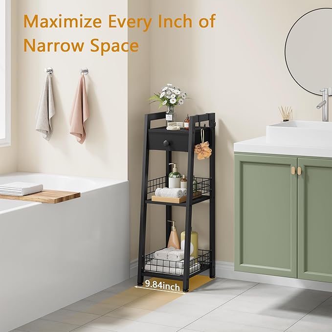 Gewudraw 3-Tier Narrow Ladder Shelf with Drawer, Bathroom Table Stand for Small Space, Narrow Bathroom Standing Shelves with Storage for Living Room Bedroom Kitchen, Black