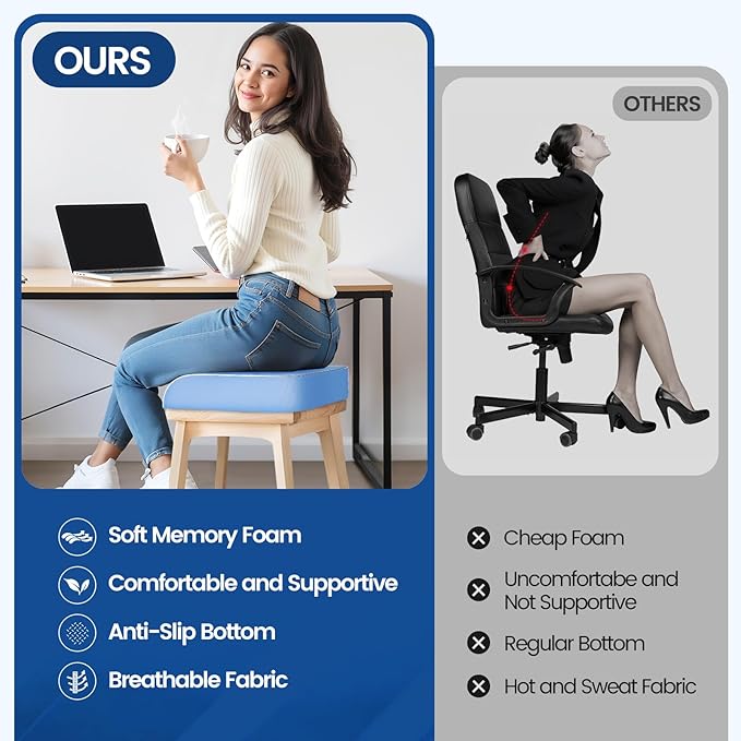SweetSlubr Seat Cushion for Tailbone Pain Relief, Office Chair Cushion, Memory Foam Large Chair Cushion with Non-Slip Cover for Soft Support at Office Chair, Car Seat, Airplane Light Blue/2X-Large