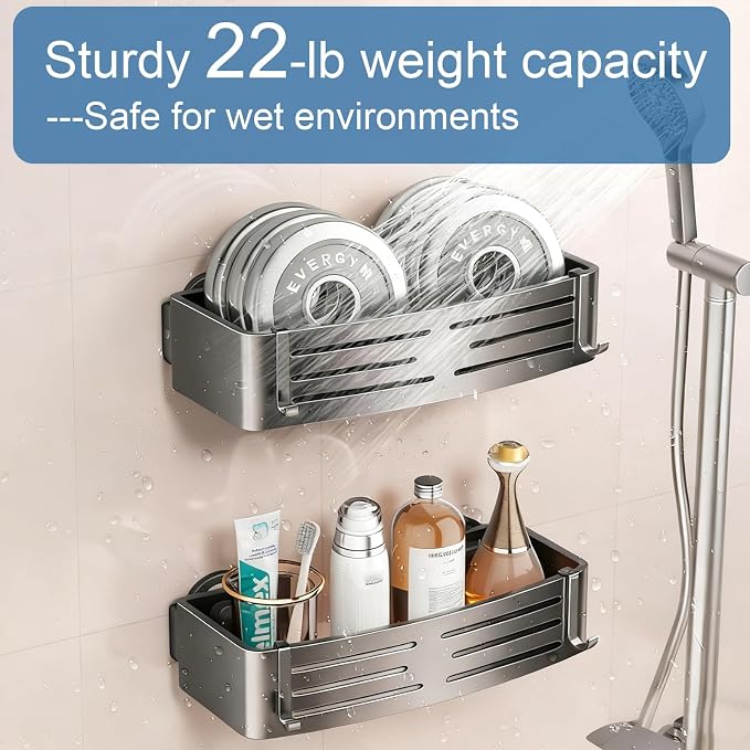 2Pcs Suction Cup Shower Caddy,Upgrade Extra-Strong Suction Shower Shelves with Hooks,No Drilling Waterproof & Rustproof Bathroom Organizers and Storage,Reusable Shower Racks for Shampoo and Toiletries